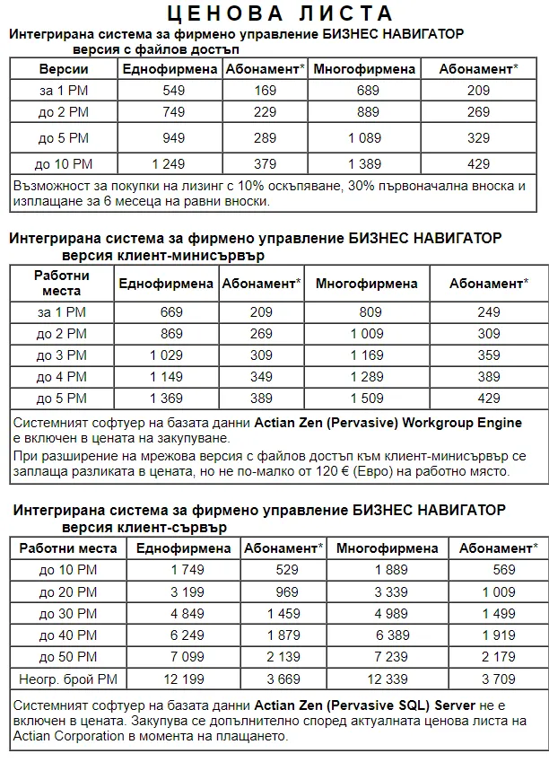Ценоразпис Бизнес навигатор